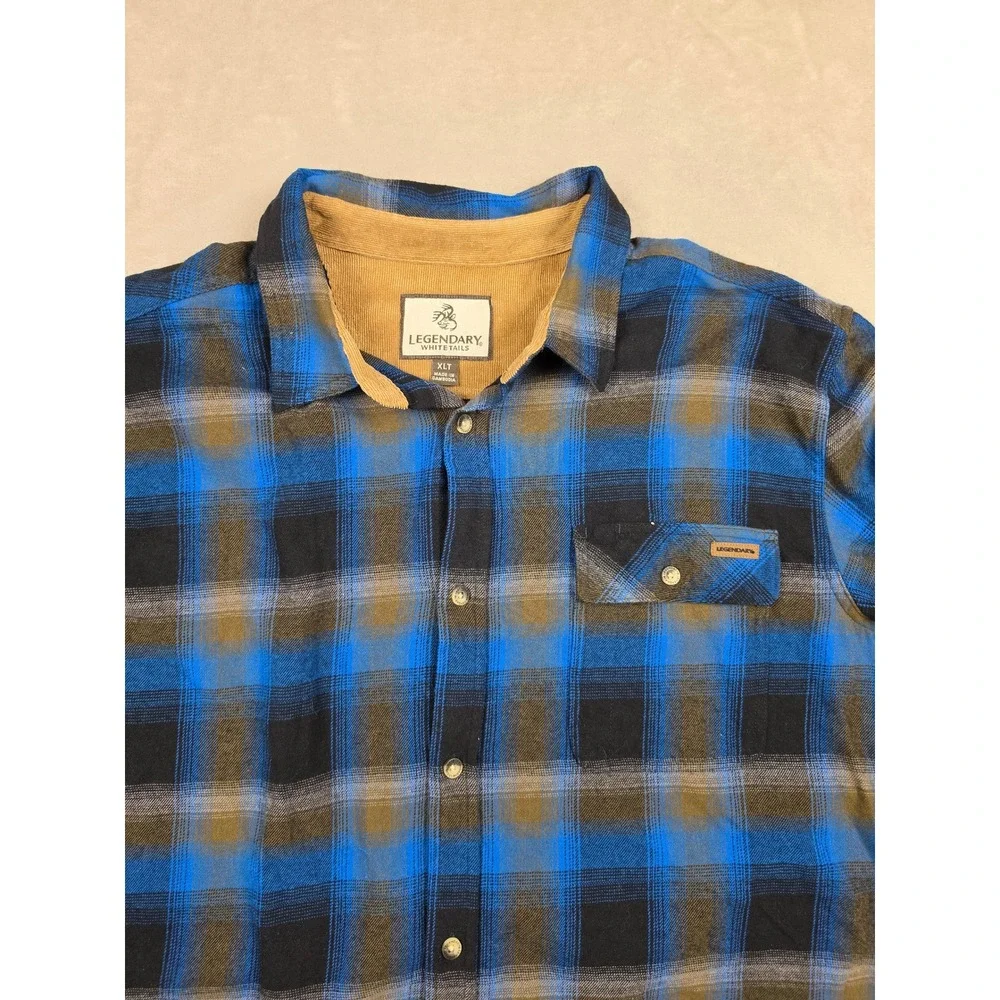 Legendary Whitetails Buck Camp Flannel Shirt Mens XLT Blue Plaid Corduroy Trim